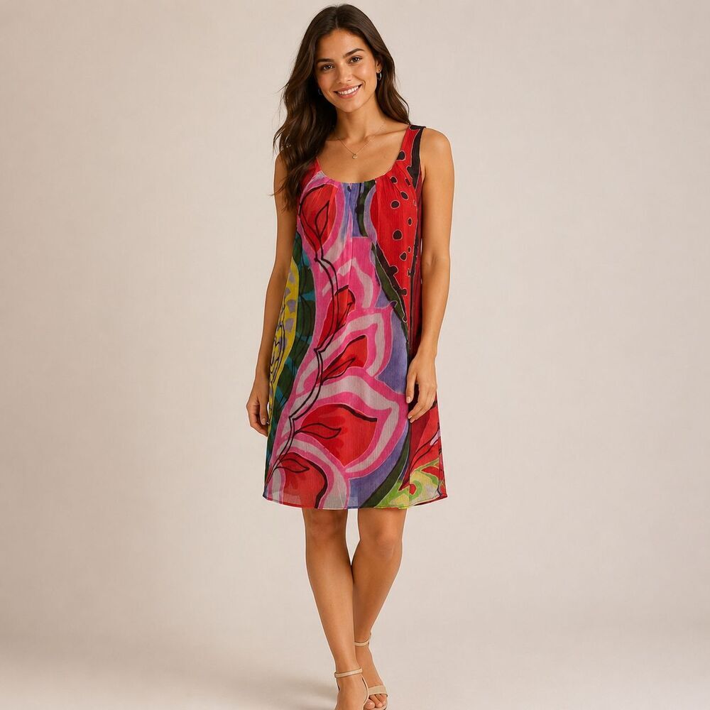 Desigual Fresita Chiffon Shift Dress Abstract Floral Sleeveless Lined EU 38 US 6